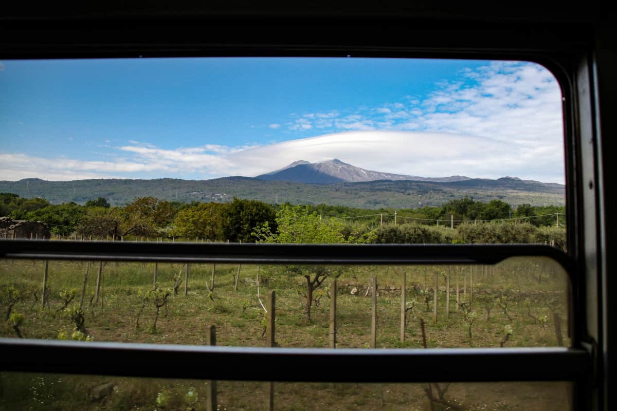 Vista sui vigneti e l'Etna dall'interno del treno